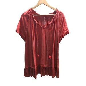 St John's Bay Top Women's Size 3X Pink Drawstring V-Neck Short Sleeve